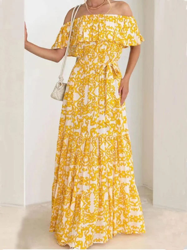 One-Shoulder Short-Sleeve Printed Charming Ruffle Maxi Dress Comfortable Maxi Dress with Sleeves