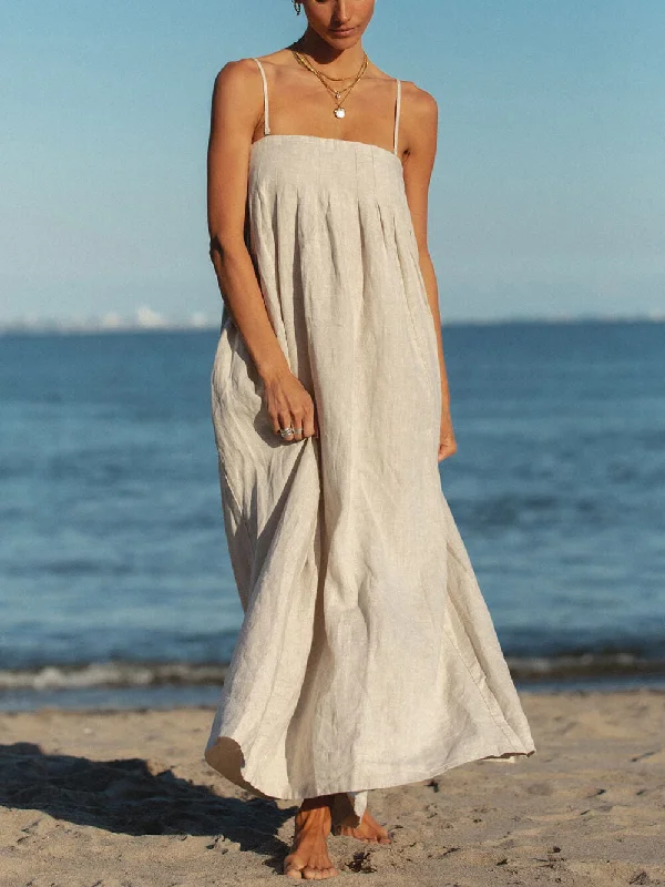 Offshore Pleated Strappy Charming Linen Maxi Dress Comfortable Bohemian Maxi Dress