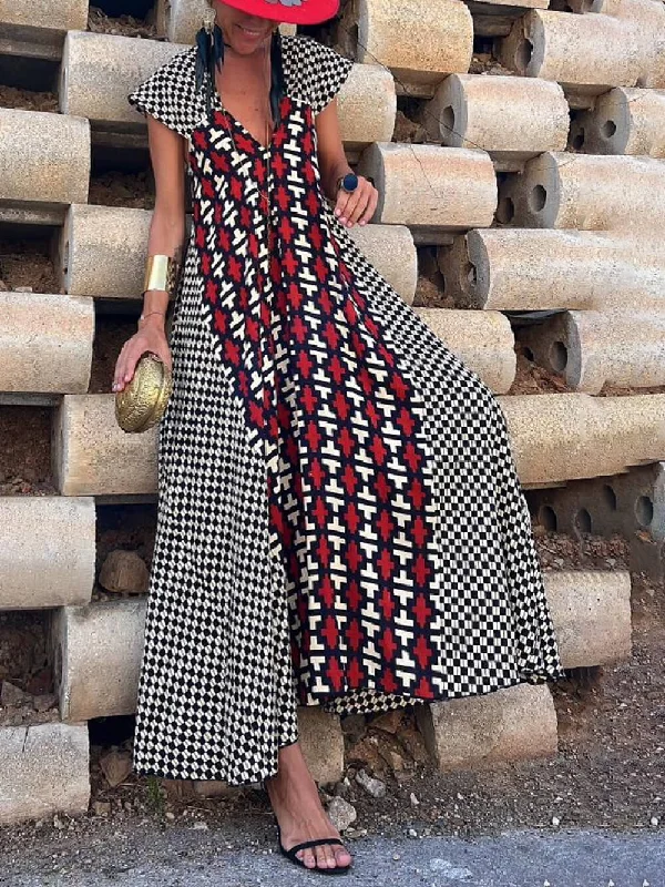 Ethnic Unique Print Ruffle Graceful Sleeve A-line Maxi Dress Trendy Maxi Dress with Lace