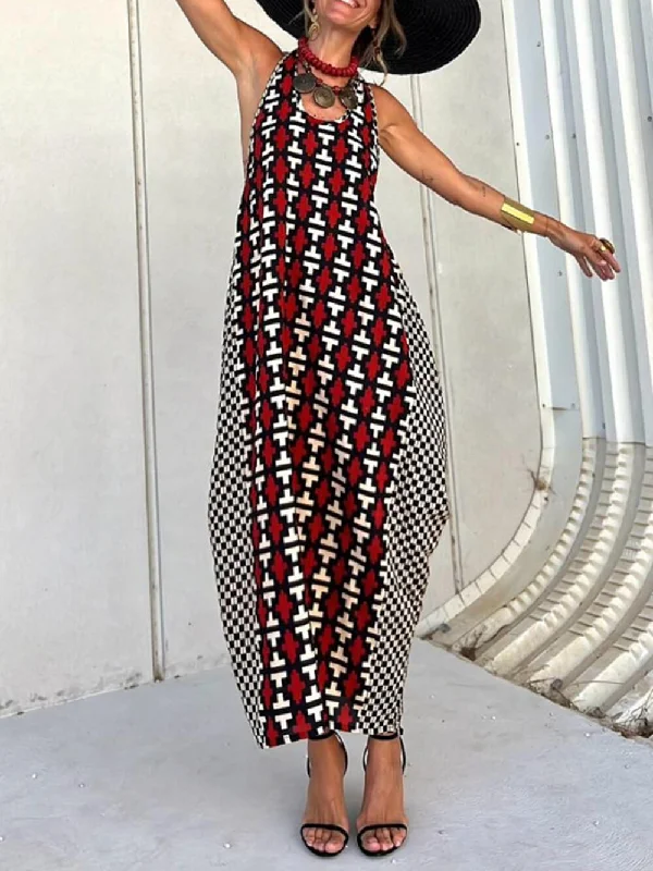 Ethnic Unique Print Lantern Graceful Cut Tank Maxi Dress Cozy Open-Back Maxi Dress