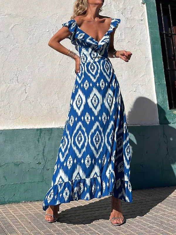 Ethnic Print Smocked Bust Graceful Ruffle Neck Maxi Dress Elegant Boho Maxi Dress