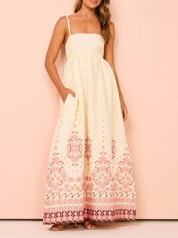 Ethnic Print Halter Charming Cream Extra Maxi Dress Elegant Maxi Dress with Belt