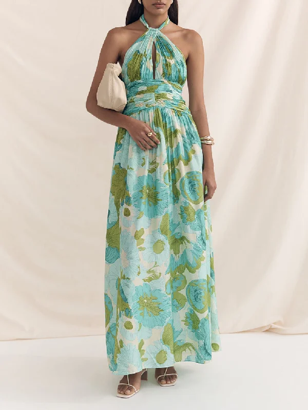 Elegant Versatile Halter Neck Graceful Printed Pleated Maxi Dress Comfortable Ruffle Hem Maxi Dress