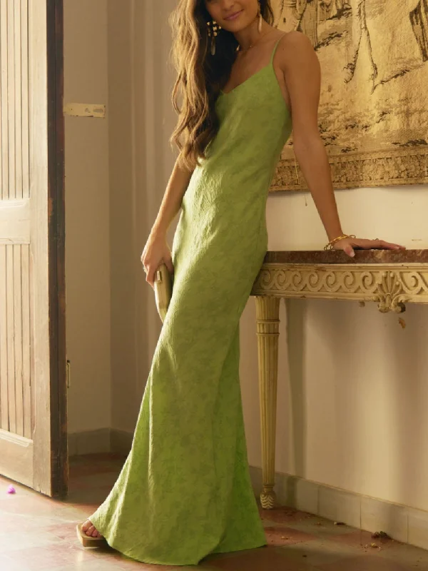 Elegant Lime Green Charming Jacquard V-Neck Maxi Dress Cozy Maxi Dress with Slit