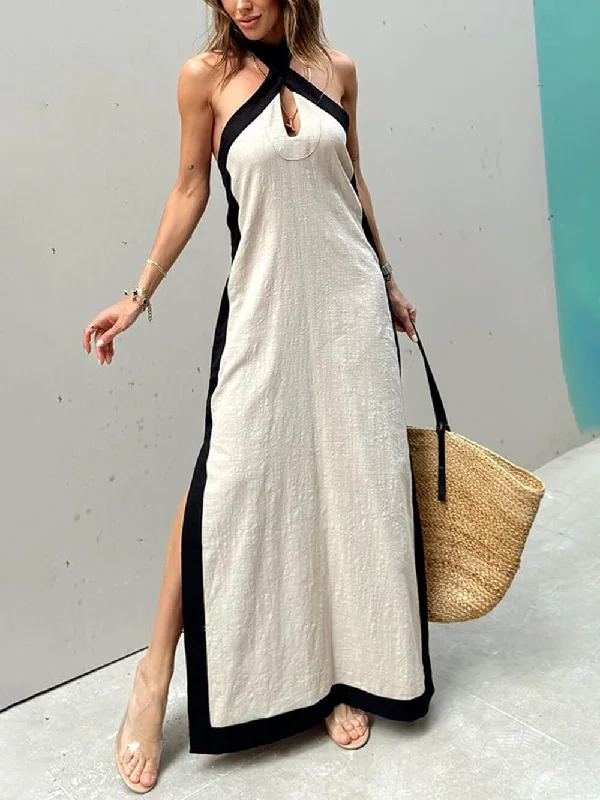 Color Block Halter Charming Neck Slit Maxi Dress Fashionable Printed Maxi Dress