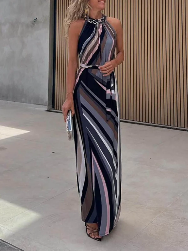 Casual Loose Halterneck Striped Graceful Gradient Print Maxi Dress Trendy Button Front Maxi Dress