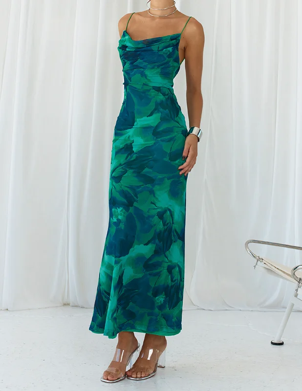 Calista Green Bloom Cowl Graceful Neck Slip Maxi Dress Fashionable Chiffon Tiered Maxi Dress