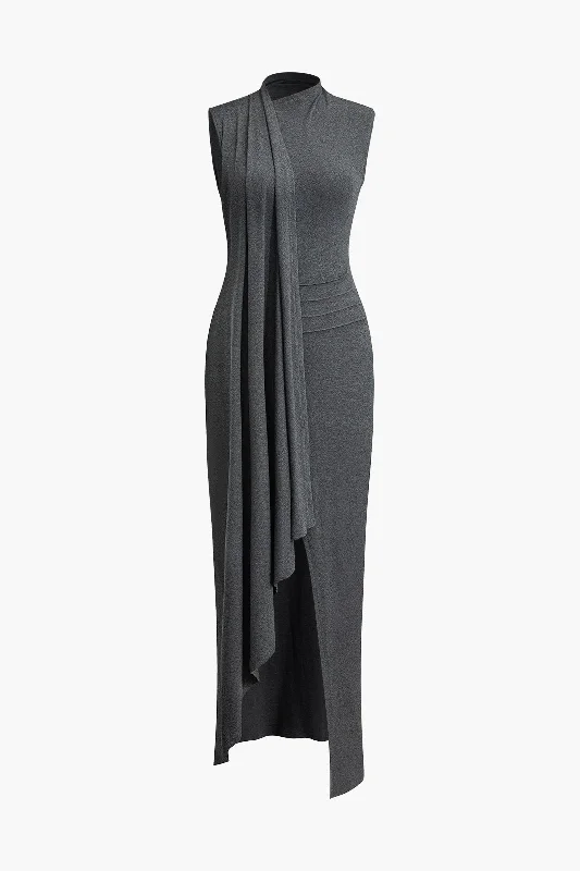 Wrap Slit Mock Charming Neck Sleeveless Maxi Dress Trendy Off-Shoulder Ruffle Maxi Dress