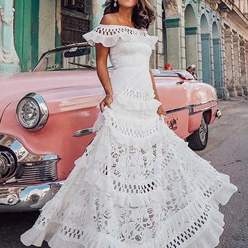 Classic Lace Hollow Off-Shoulder Maxi Dress Chic Summer Maxi Dress