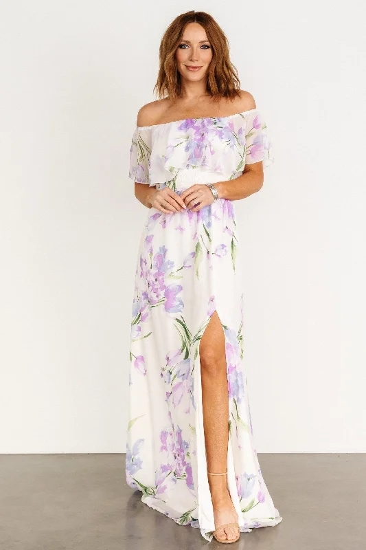 Daphne Off Shoulder Maxi Dress | Ivory + Lavender Floral Stylish Long Sleeve Maxi Dress