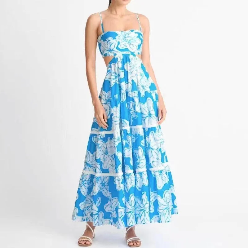 KittenAlarm - Diane Spaghetti Strap Hollow Out Aloha Print Maxi Dress Comfortable Maxi Dress with Slits