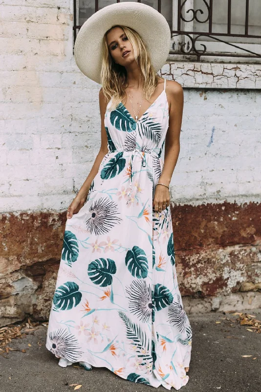 Dream Big Palm Leaf Print Plunging Neck Maxi Dress Classic Solid Maxi Dress