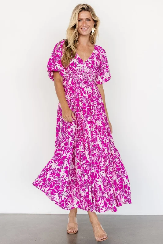 Elaine Maxi Dress | Magenta + White Comfortable Maxi Dress with Belt