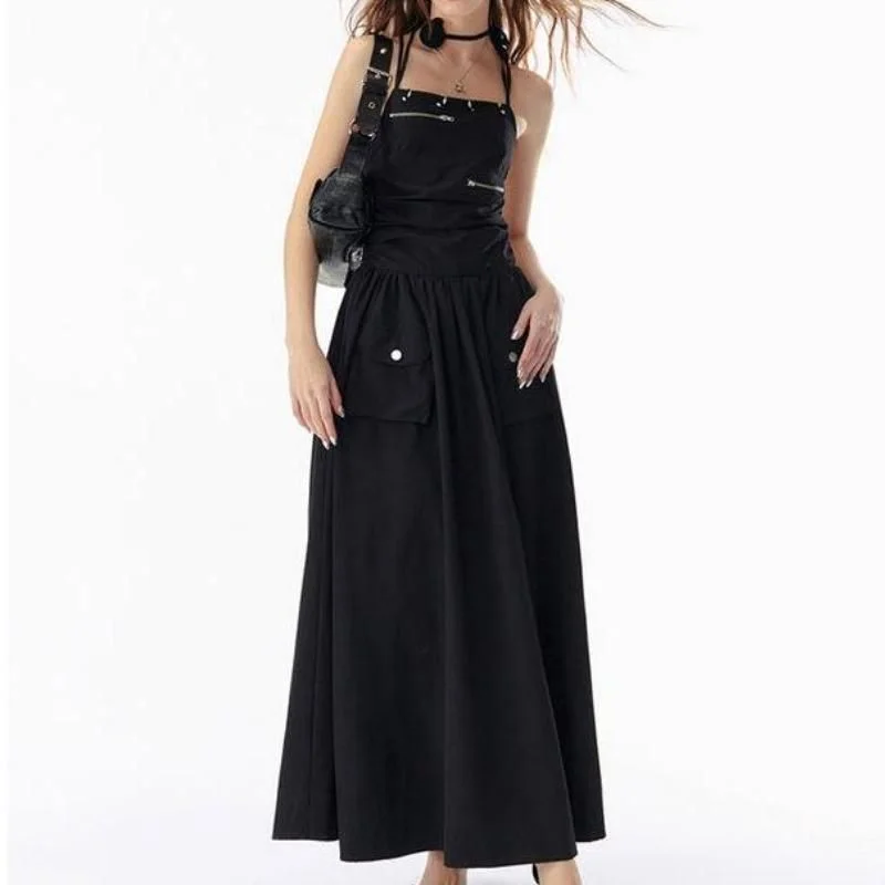 Elegant Basic Solid Black Backless Bandage Maxi Dress with Pockets Fashionable Open-Back Maxi Dress