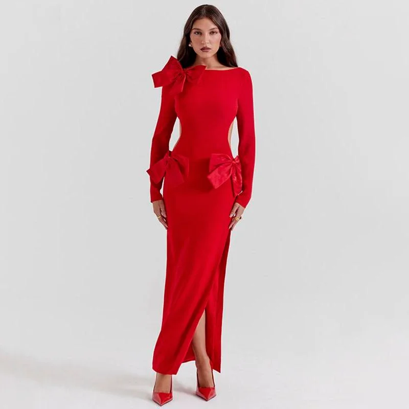 Elegant Red O-Neck Backless Bow Maxi Dress Trendy Maxi Dress with Lace