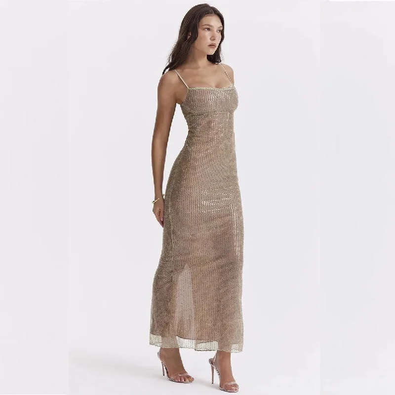 Elegant Sparkle Maxi Dress with Spaghetti Straps and Split Comfortable Ruffle Hem Maxi Dress