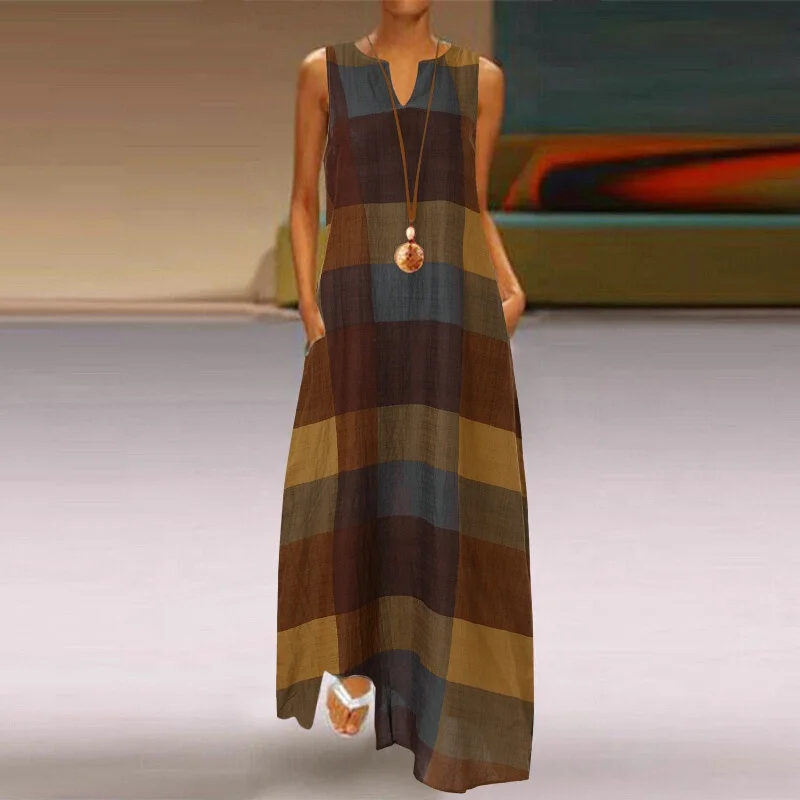 Elegant V-Neck Plaid Print Maxi Dress Stylish Longline Maxi Dress