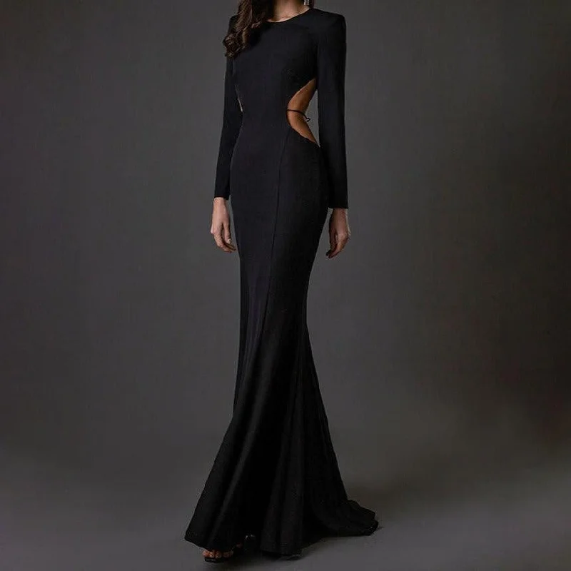 KittenAlarm - Eliza Long Sleeve Round Neck Backless Maxi Dress Stylish Button-Up Maxi Dress