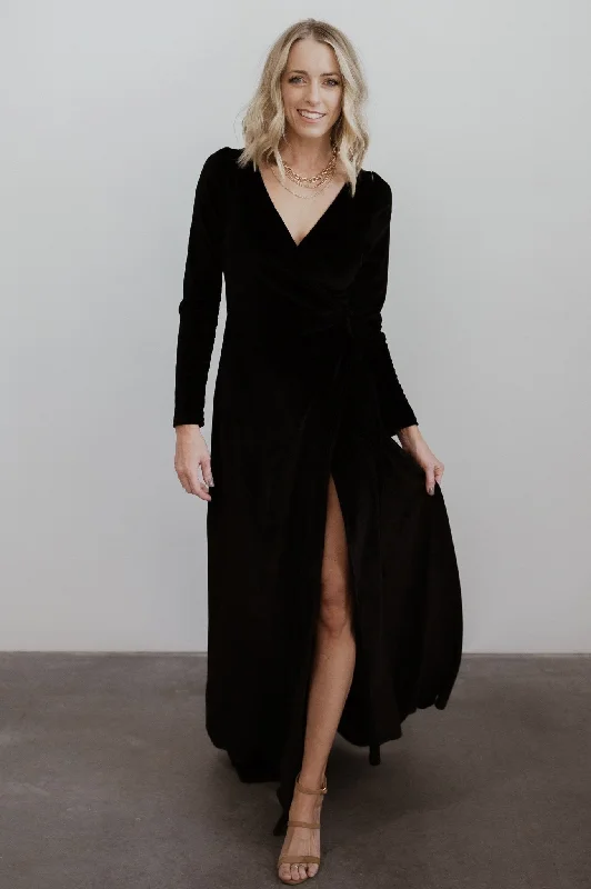 Esmerelda Velvet Wrap Maxi Dress | Black Comfortable Maxi Dress with Belt