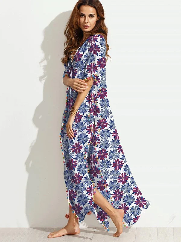 Eyes On You Floral Pom-Pom Maxi Dress Elegant Tiered Maxi Dress