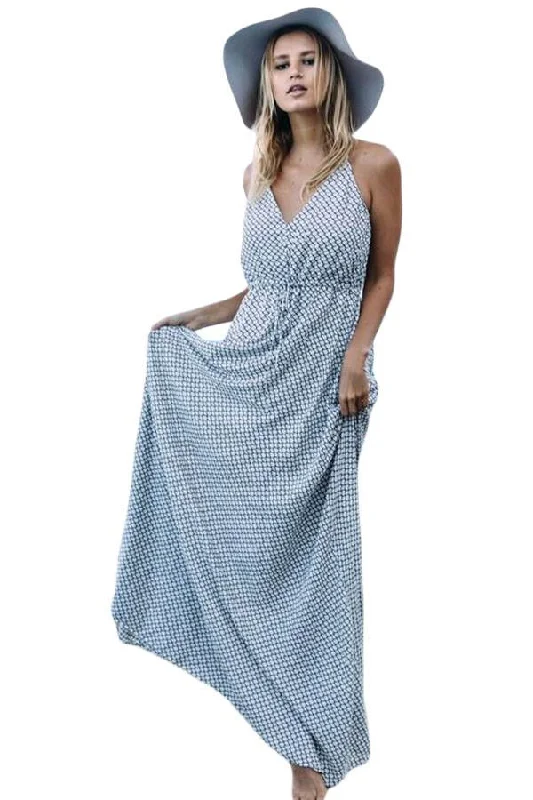 Fish Net Allover Printed Plunging Neck Maxi Dress Comfortable Flowy Maxi Dress