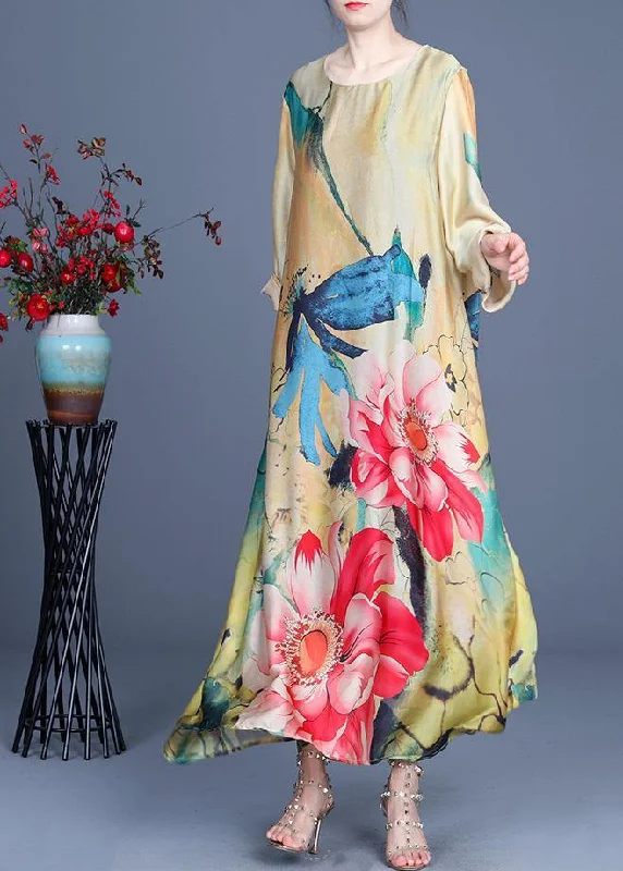 Fitted Yellow Print Long sleeve Chiffon Maxi Dresses Summer Classic V-Neck Maxi Dress