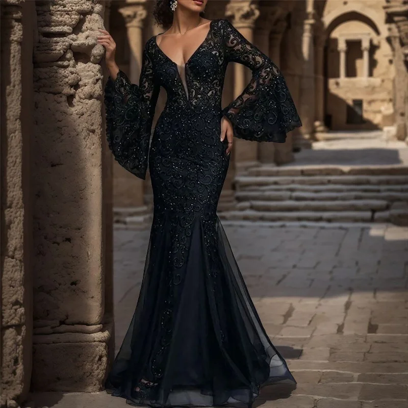 Flare Sleeve Black Lace Maxi Dress Trendy Satin Maxi Dress