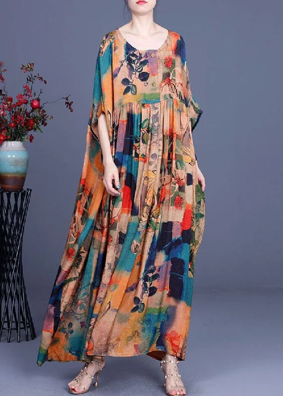 French Orange Print Button Batwing Sleeve Chiffon Summer Maxi Dresses Comfortable Bohemian Maxi Dress