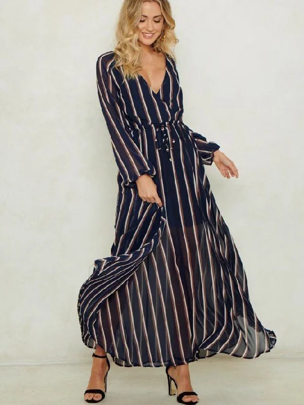 Genia Stripe Surplice Neck Maxi Dress Comfortable Pleated Maxi Dress