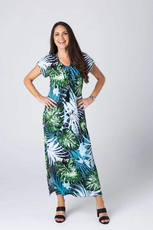 Hawaii Print Short Sleeve Jersey Maxi Dress Comfortable Fitted Maxi Dress