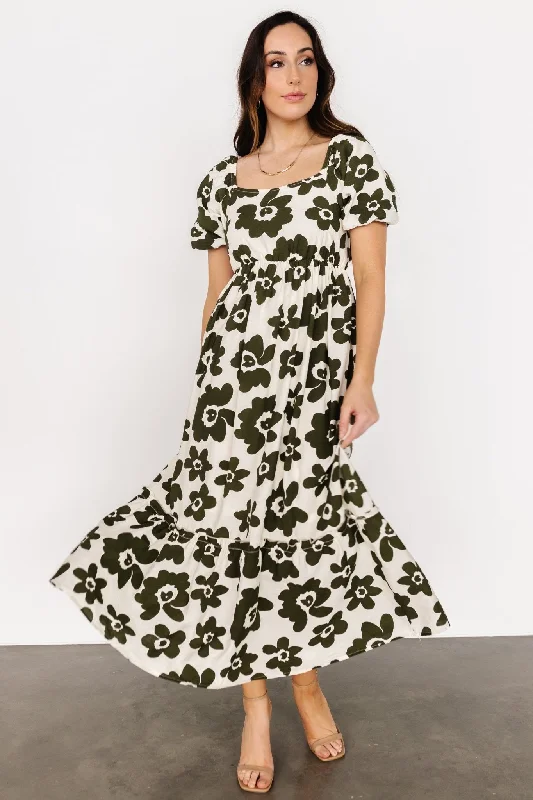 Kasey Maxi Dress | Olive + Ivory Print Elegant Pleated Maxi Dress