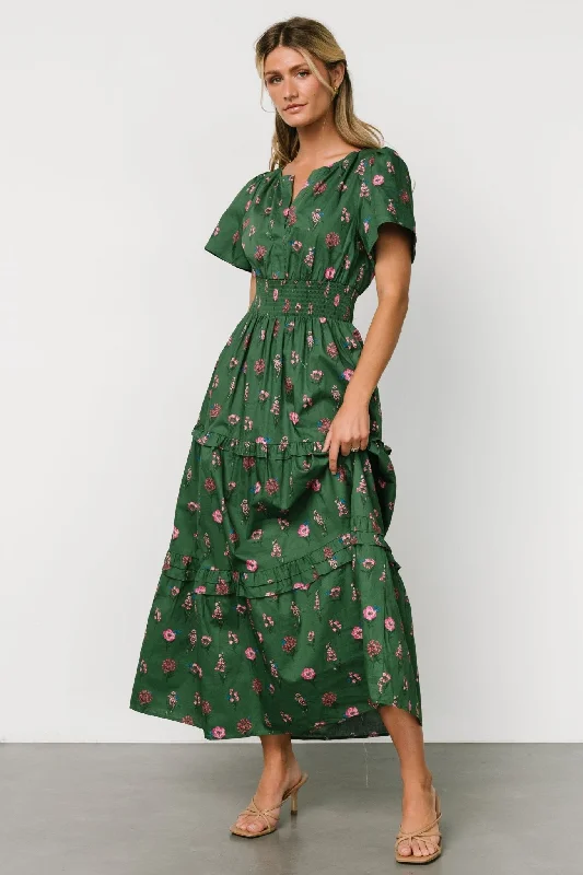 Kiana Poplin Maxi Dress | Green + Pink Trendy Off-Shoulder Ruffle Maxi Dress