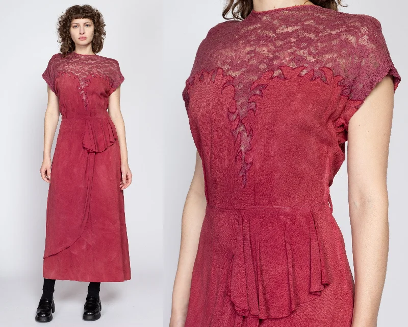 Large 1940s Raspberry Red Lace Illusion Bust Maxi Dress Comfortable Bohemian Maxi Dress