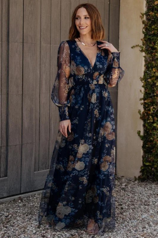 Layla Tulle Maxi Dress | Blue + Golden Floral Comfortable Cotton Maxi Dress