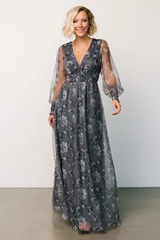 Layla Tulle Maxi Dress | Slate Floral Chic Sleeveless Maxi Dress