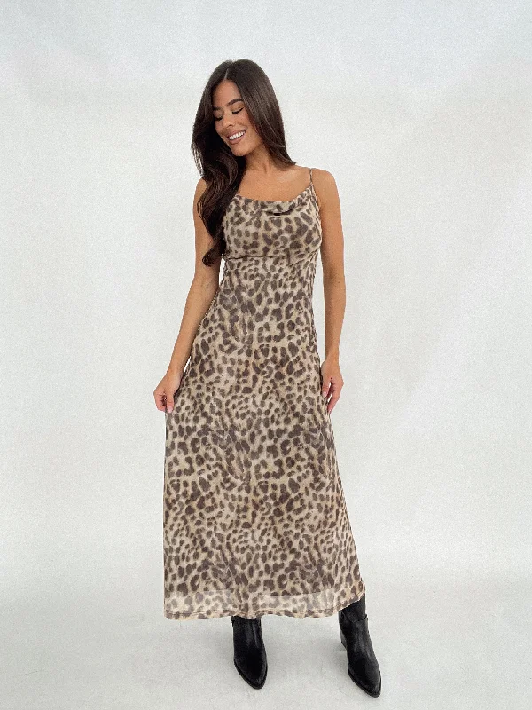 Leopard Mesh Maxi Dress Cozy Open-Back Maxi Dress