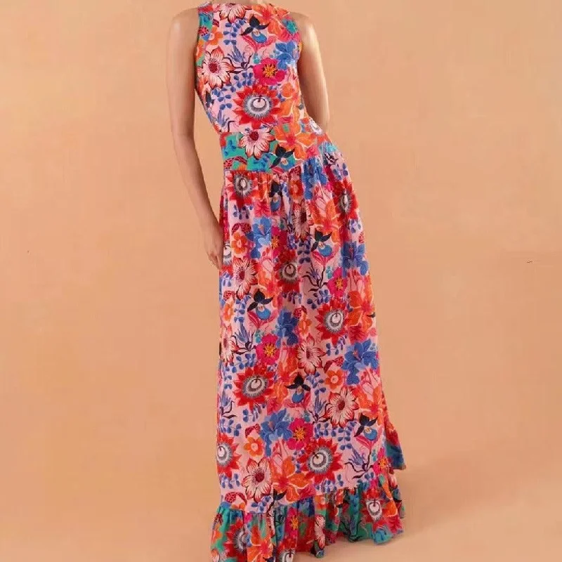 KittenAlarm - Mackenzie Sleeveless Pleated Hem Floral Maxi Dress Elegant Maxi Dress with Belt