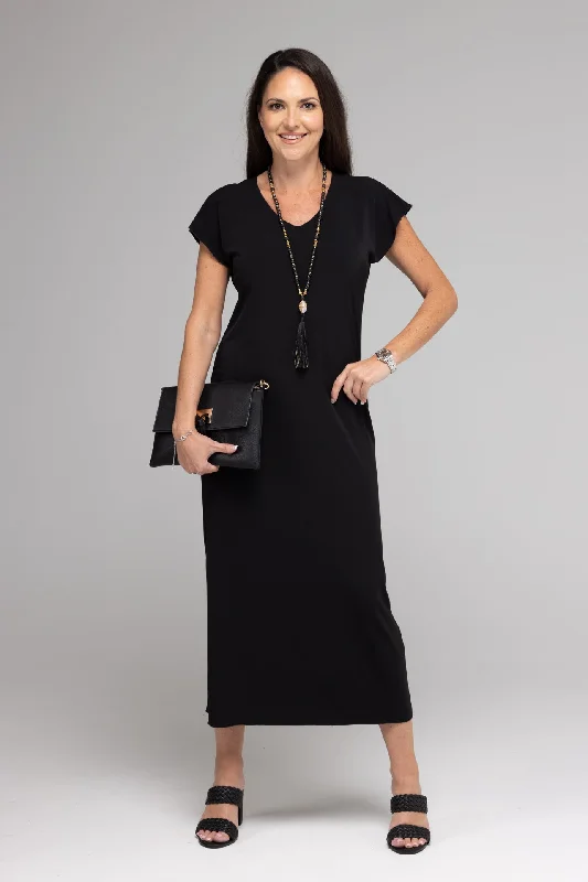 Black Short Sleeve Jersey Maxi Dress Trendy A-Line Maxi Dress