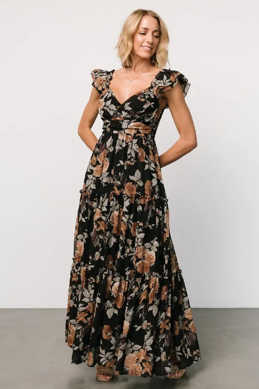 Martina Maxi Dress | Black + Copper Floral Stylish Boho Chic Maxi Dress