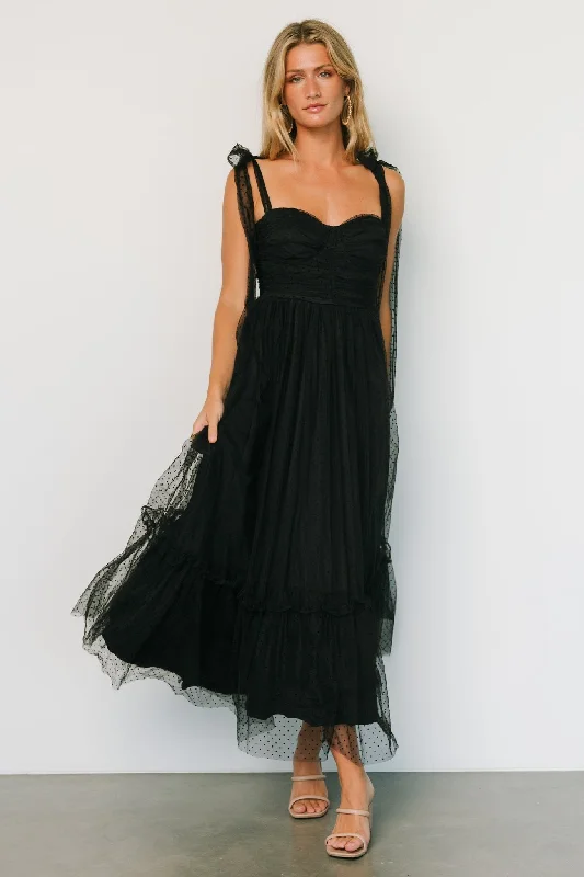 Mavani Swiss Dot Tulle Maxi Dress | Black Classic V-Neck Maxi Dress