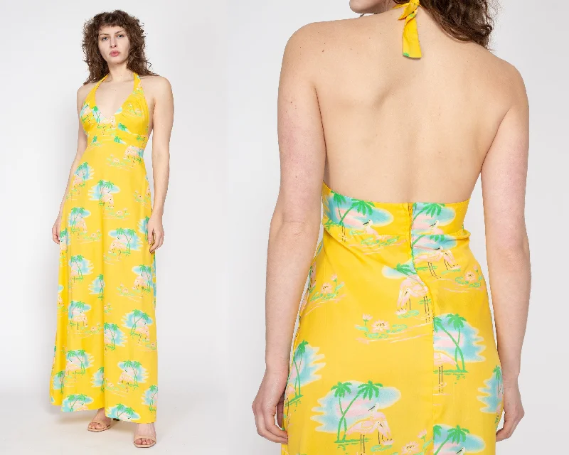 Medium 70s Yellow Flamingo & Palm Tree Print Halter Maxi Dress Trendy Short Sleeve Maxi Dress