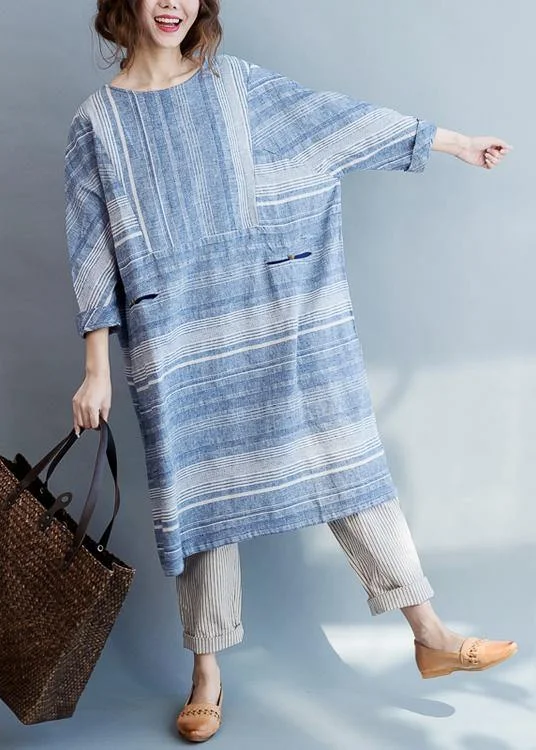 Modern Blue Striped Cotton Pockets Summer Maxi Dresses Elegant Lace-Up Maxi Dress