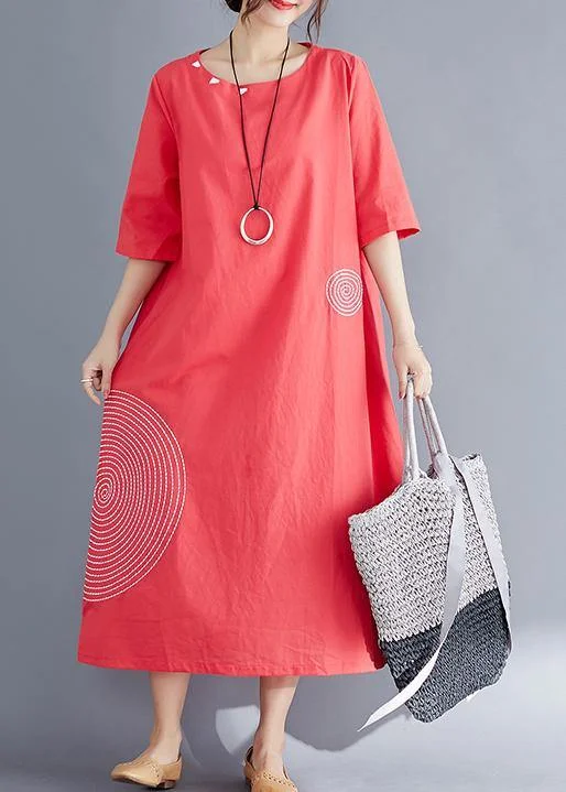 Modern o neck embroidery cotton tunic top Vintage Work Outfits red Maxi Dresses Summer Trendy Button Front Maxi Dress