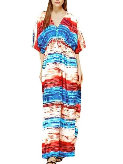 Multicolored Tie Dye Print Kaftan Maxi Dress Cozy Knit Maxi Dress