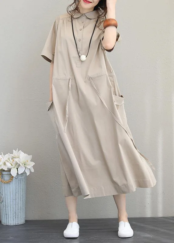 Natural lapel drawstring cotton clothes linen khaki Maxi Dress Comfortable Maxi Dress with Slits