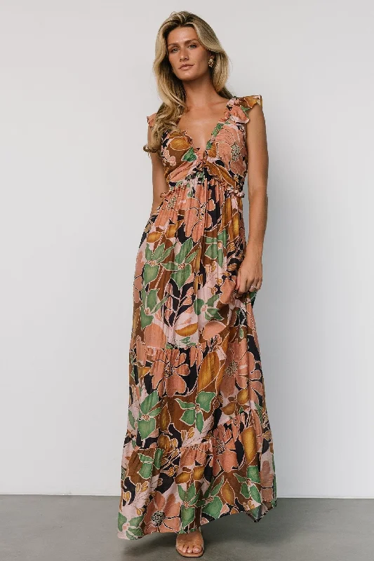 Nylah Back Tie Maxi Dress | Mocha Multi Comfortable Plunging Neckline Maxi Dress