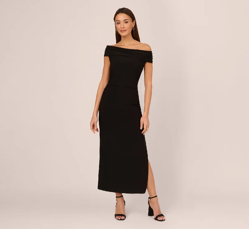 Off The Shoulder Jersey Maxi Dress In Black Trendy Fit-and-Flare Maxi Dress