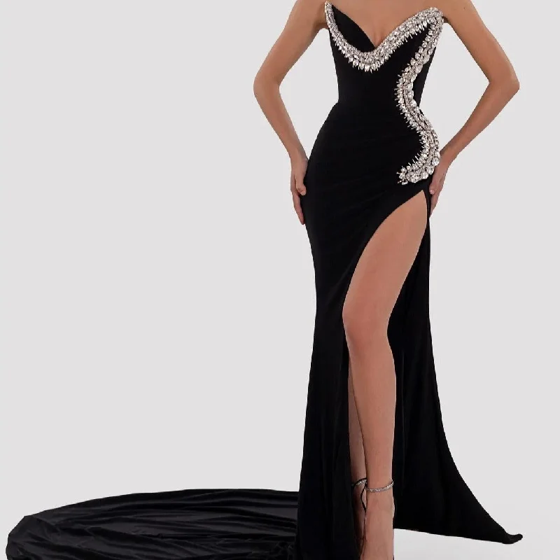 KittenAlarm - Pauline Strapless Crystal Embellishment Side Slit Maxi Dress Comfortable Maxi Dress with Sleeves