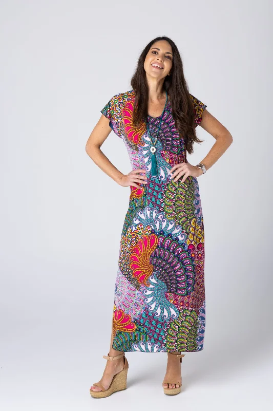 Peacock Print Short Sleeve Jersey Maxi Dress Fashionable Faux Wrap Maxi Dress