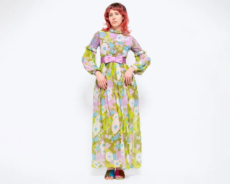 Petite XS 60s Boho Green & Lilac Floral Folk Maxi Dress Stylish Long Sleeve Maxi Dress